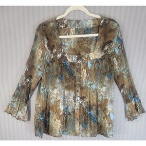 serenade new york womens top accordian pleat XL long sleeve watercolor button up